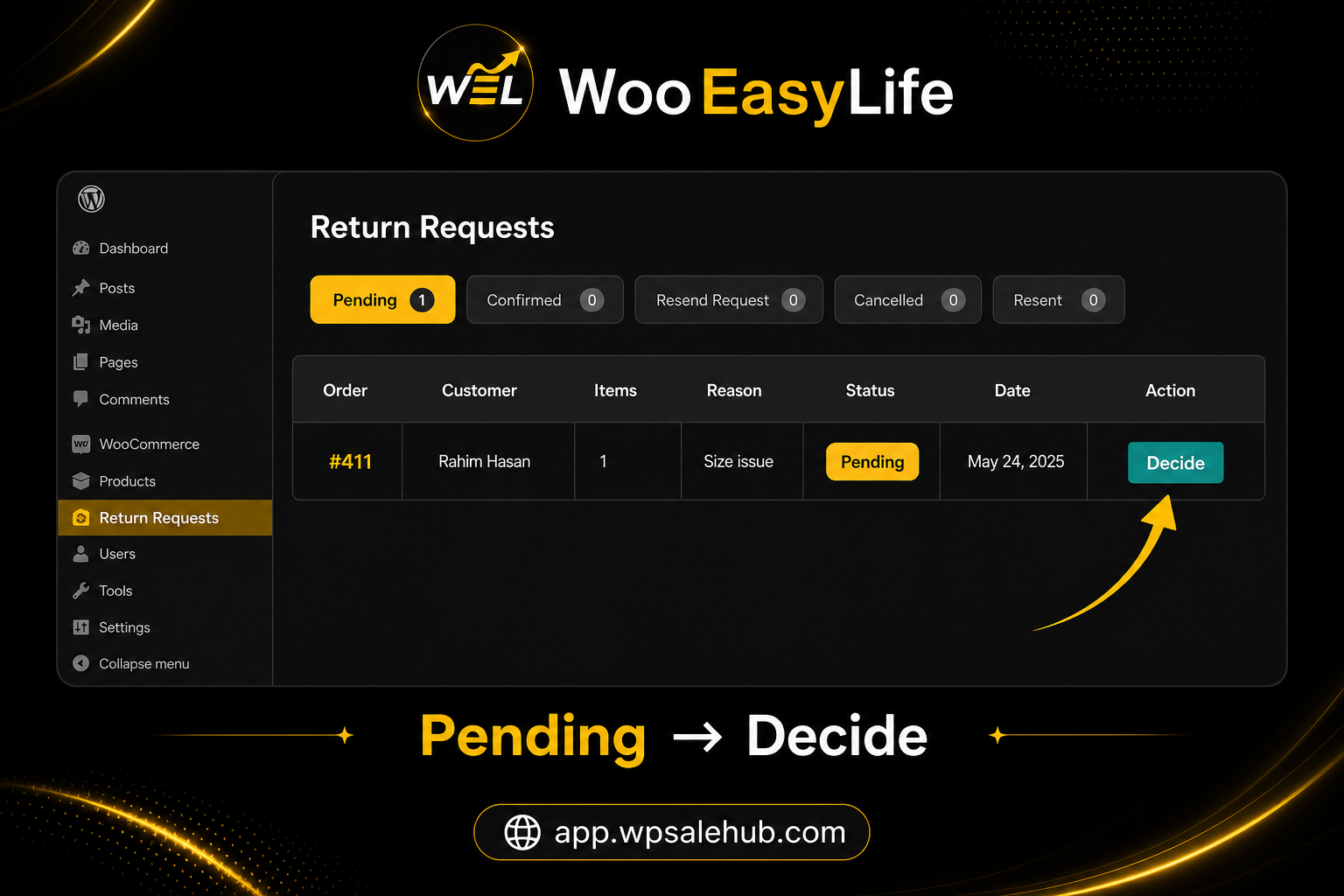 WooEasyLife Return Requests Pending queue with Decide button